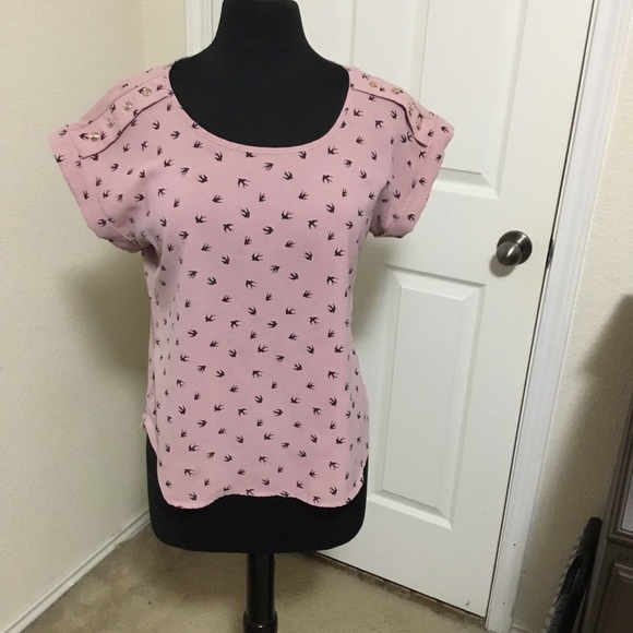 Paper moon Sparrow top, mauve, black sparrows, size M - Picture 1 of 5